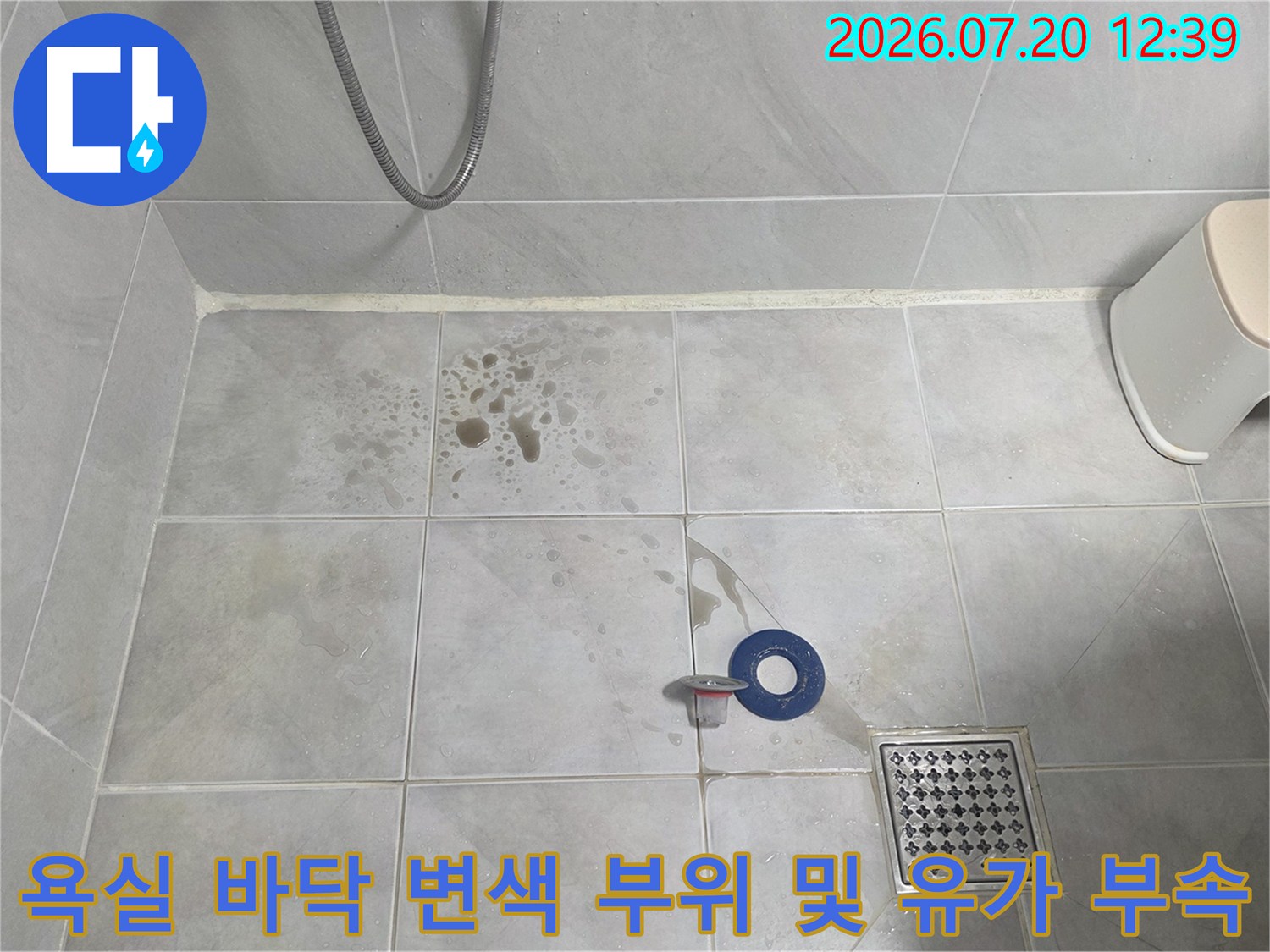 샤워 공간의 흰색 타일 위에 갈색 얼룩이 퍼져 있고 배수구 옆에 파란 링이 놓인 모습