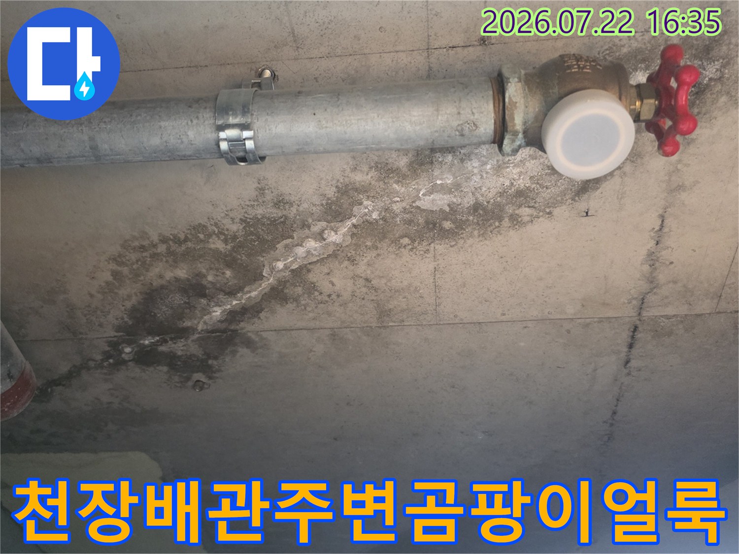 빨간색 밸브가 연결된 금속 배관-그 주변 콘크리트 천장에 발생한 누수 오염물질
