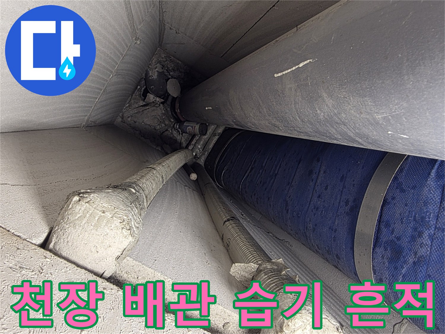 물샘으로 인해 젖은 천장 내부 배관 사진