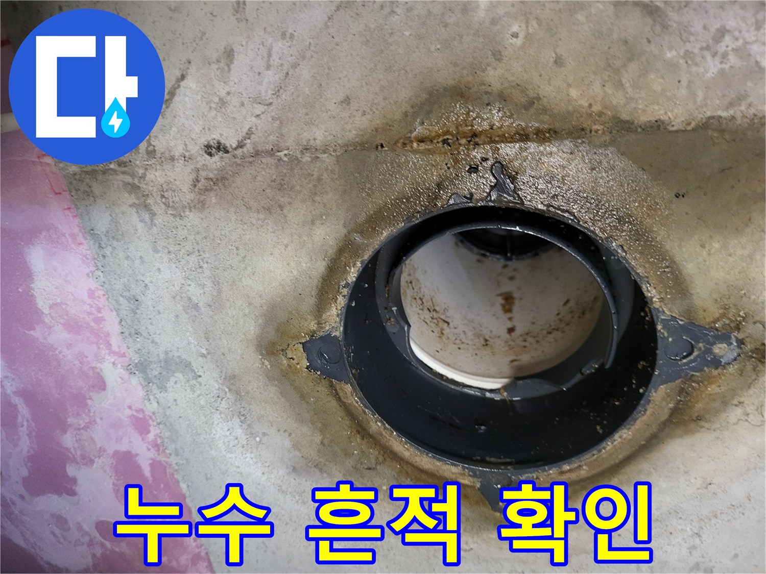 오수 배관 주변의 젖은 벽면과 얼룩진 부위