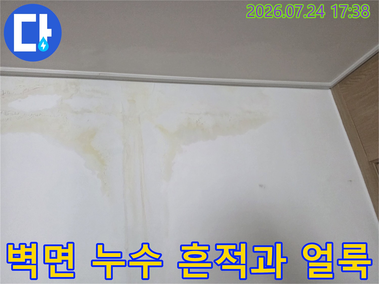 벽면에 번진 노란색 물자국과 곰팡이 흔적을 촬영한 사진