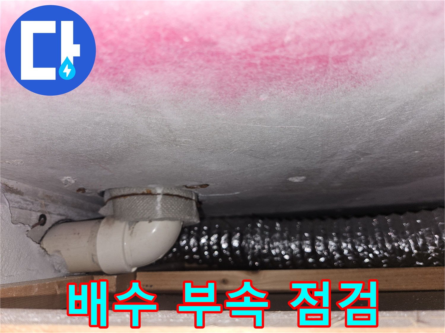 천장-슬래브의-곰팡이-흔적과-배수-관로-연결부