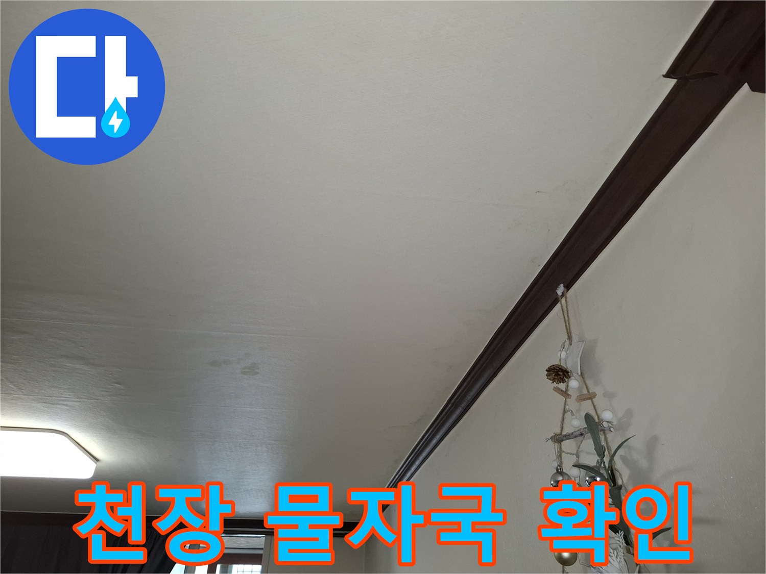 천장 도배면의 습기로 인한 어두운 얼룩 부위