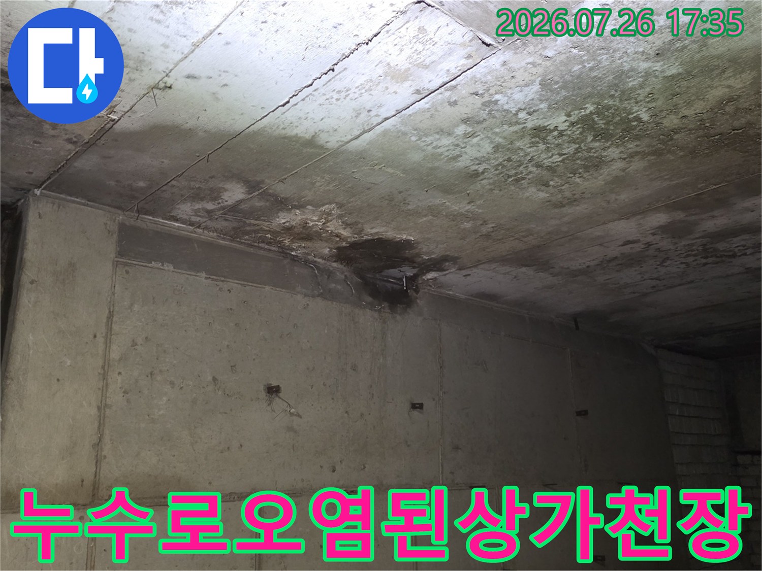 물-자국과-곰팡이가-심하게-나타난-상가-내부-천장-슬래브
