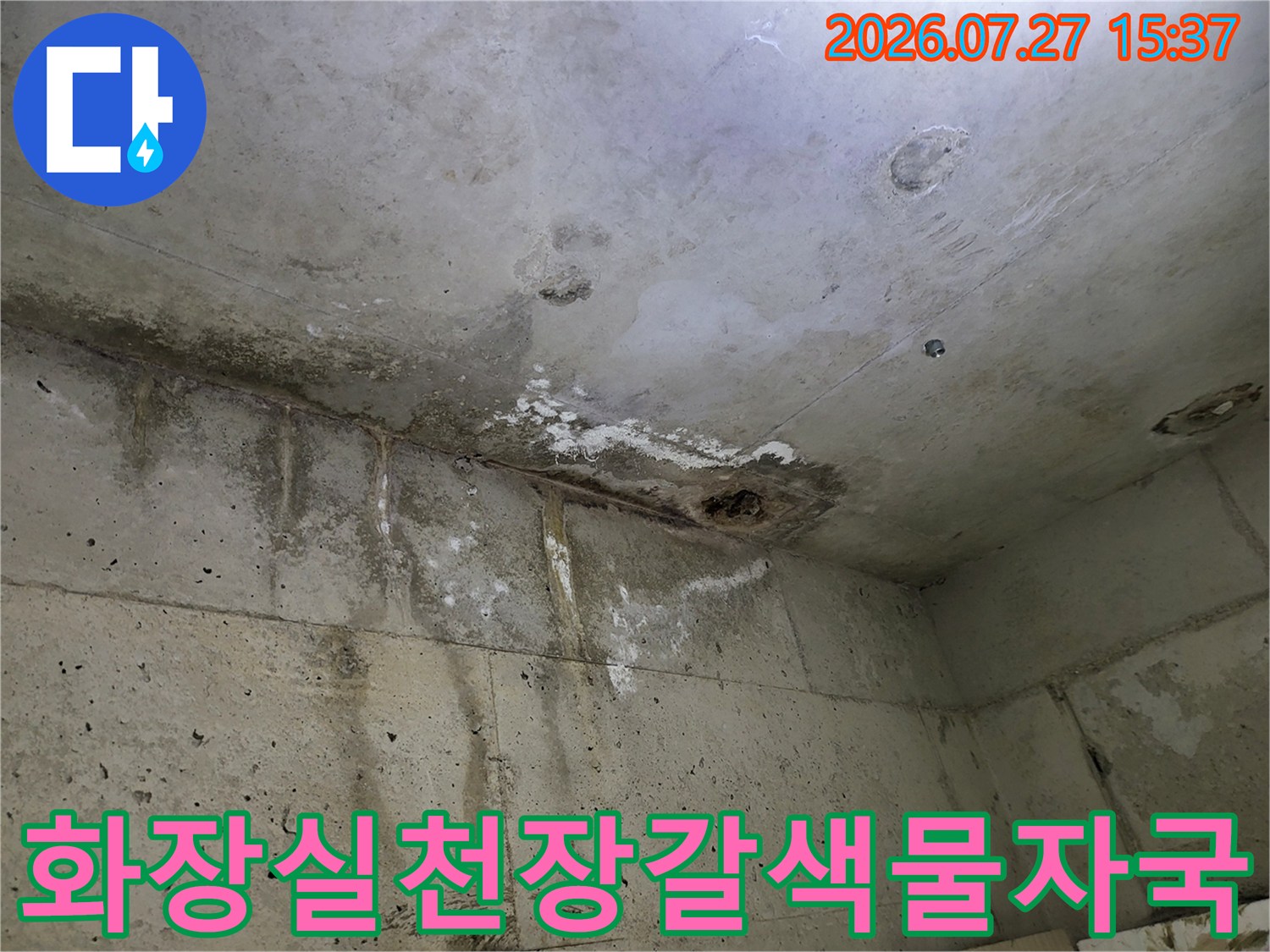 누수로 인해 갈색으로 변색된-화장실 천장의 콘크리트 표면과 곰팡이 모습