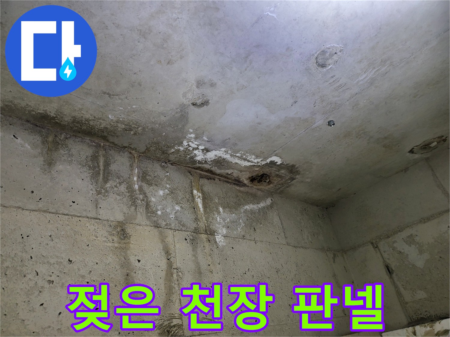 물에 젖어 변색된 화장실 천장 마감재 상태