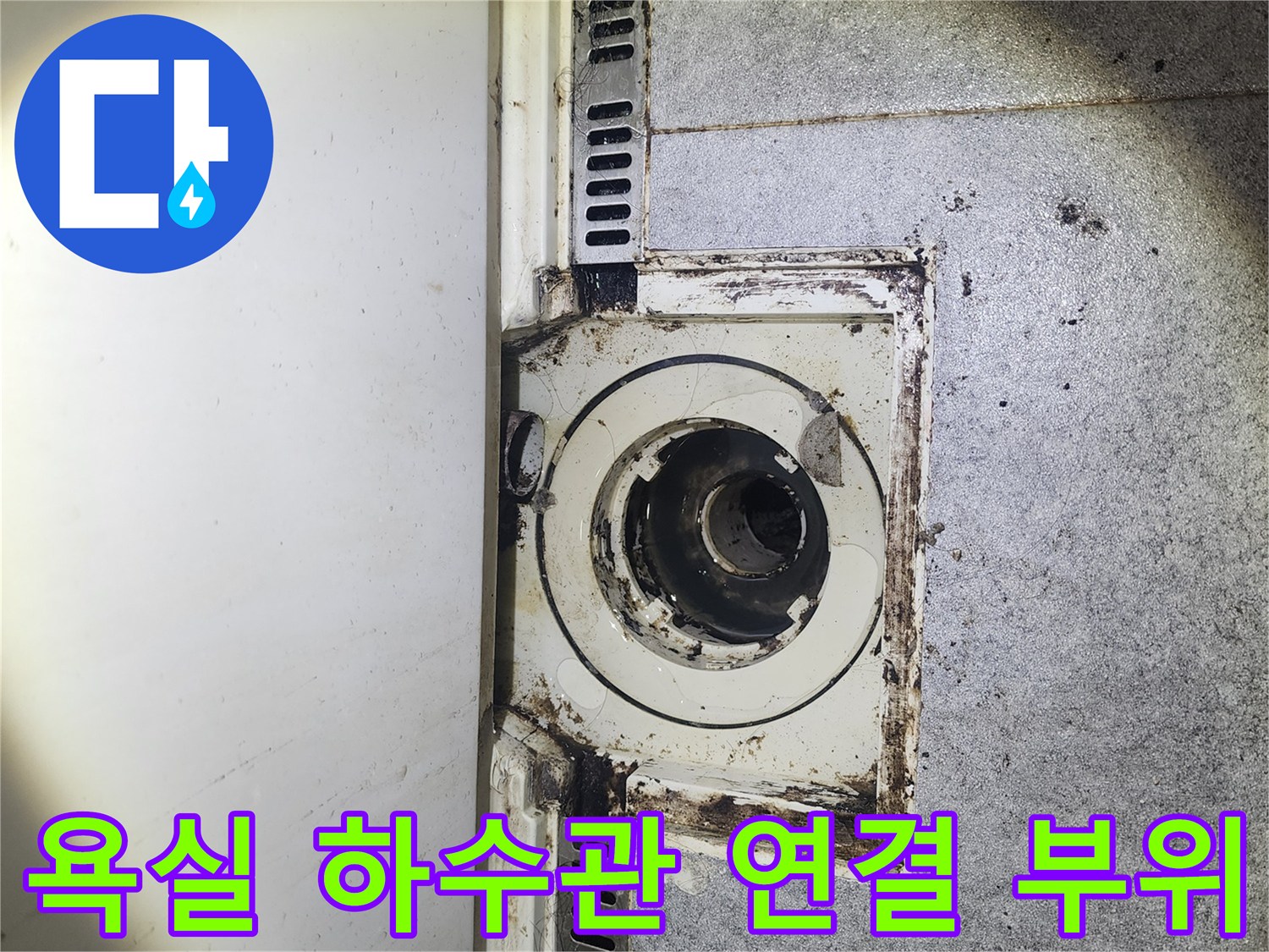 배수구 주변의 젖은 흔적과 오염된 배관 입구 모습