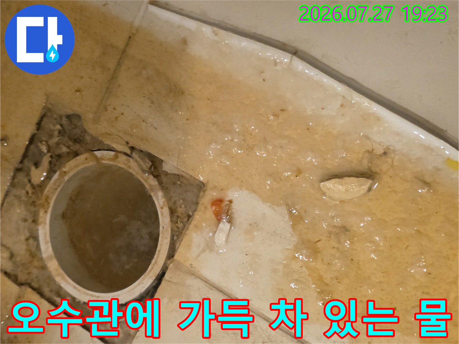 물이 전혀 빠지지 않고 고여 있어 역류가 발생한 오수관 내부 사진