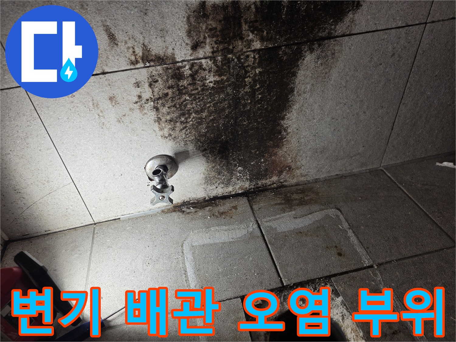 배관 연결부 주변의 심한 곰팡이와 타일 변색