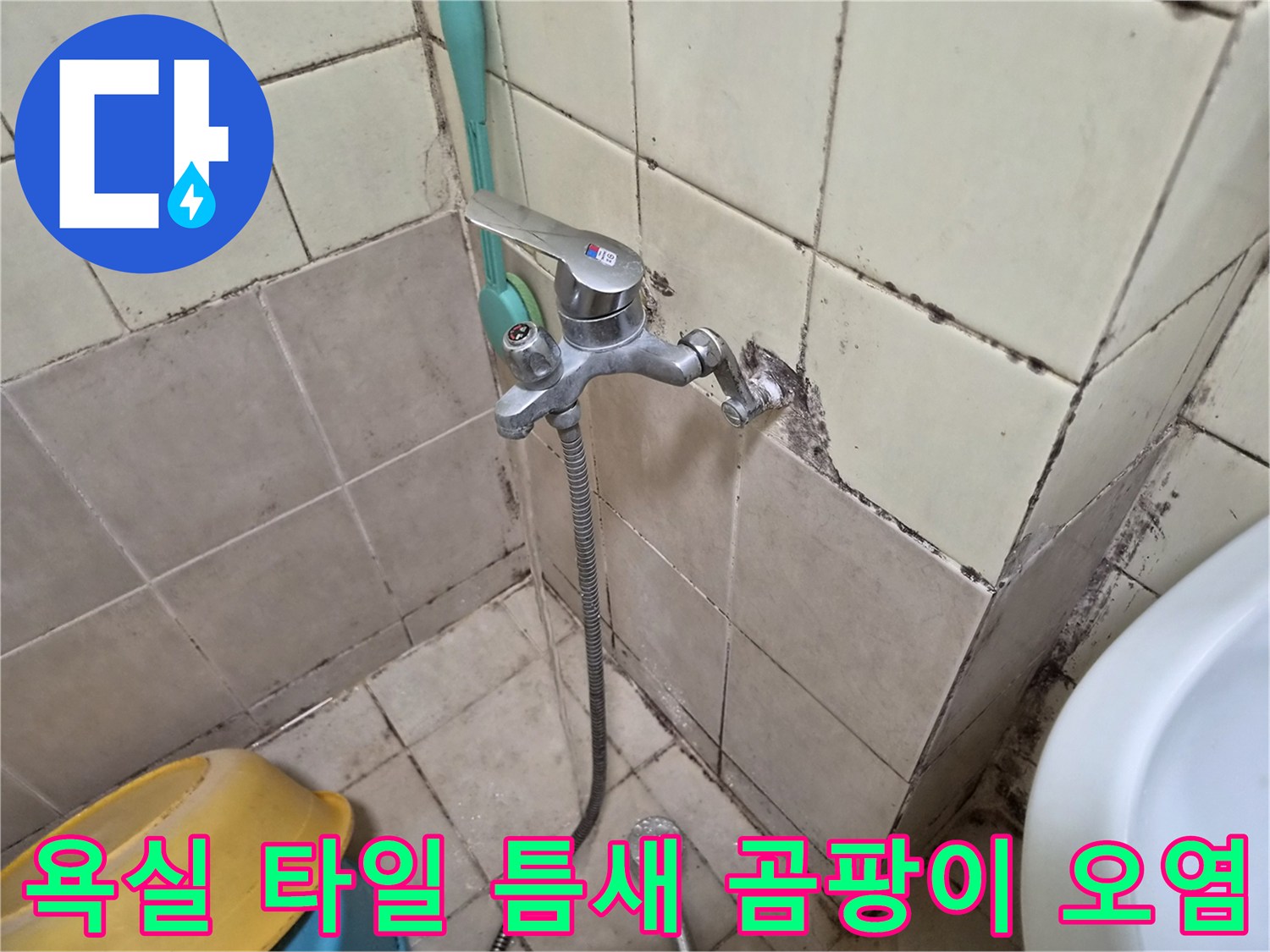 수전 뒤쪽 타일 사이-곰팡이와 물때가 심한 상태