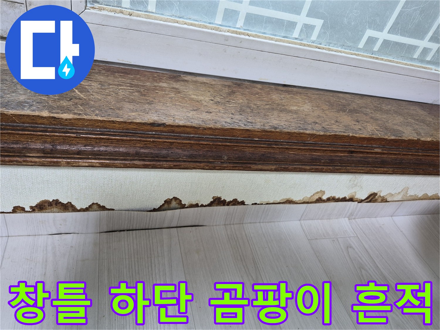 창문 아래쪽 벽면-습기로 인해 부식된 벽지 상태