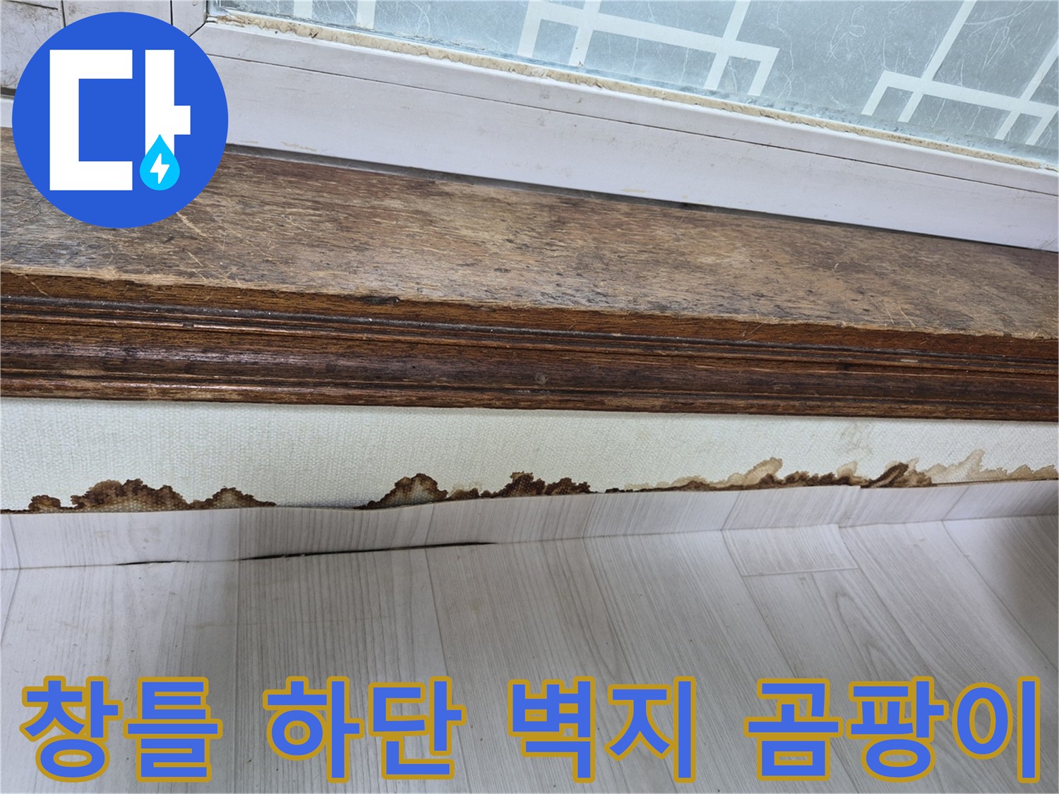 창문 틀 아래쪽-벽지가 들뜨고 곰팡이가 발생한 모습