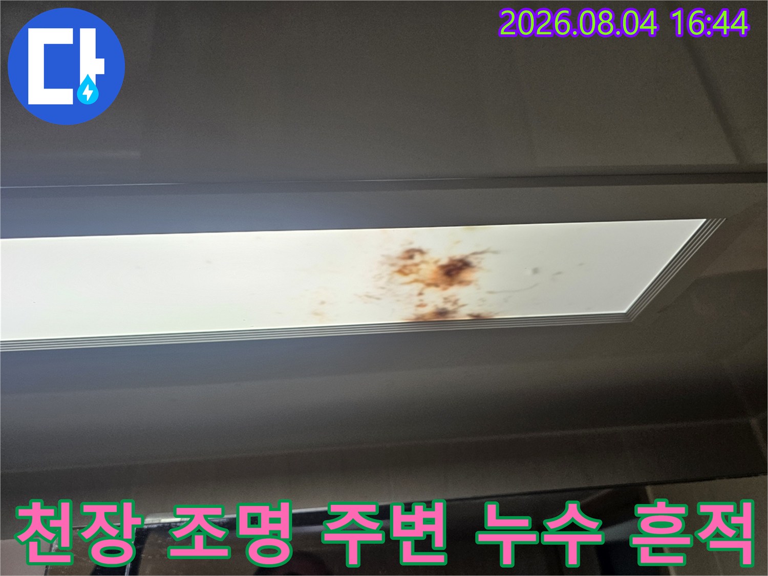 화장실 천장 마감재에 배관 노후로 인해 발생한 갈색 얼룩과 수분 침투 자국