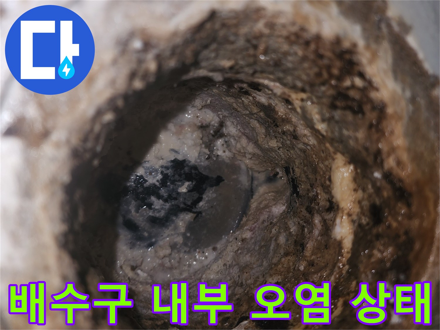 화장실 배수구 유가 주변의 이물질과 오염된 상태를 보여주는 사진