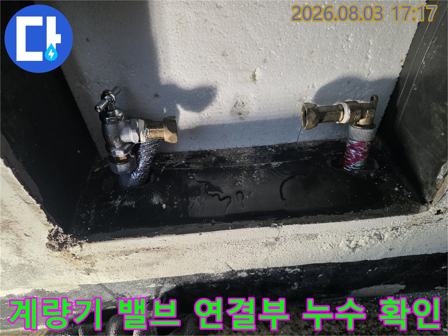수분으로 인해 습한 계량기함과 배관의 노출 상태