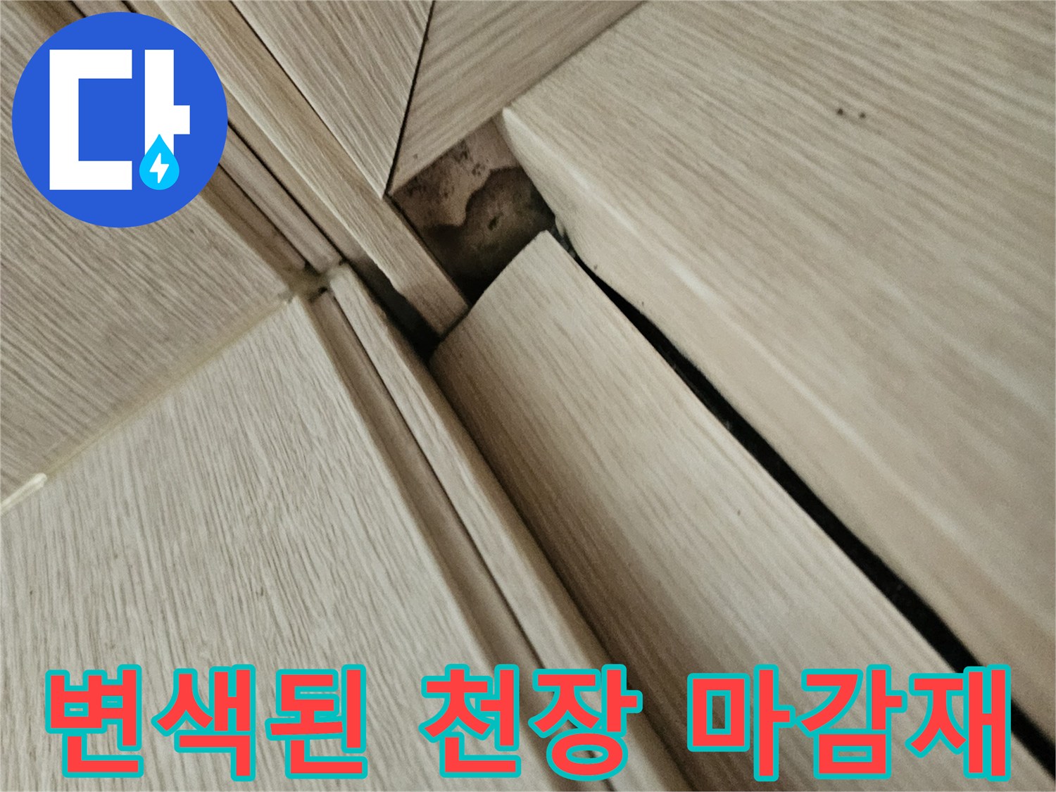 천장 판넬 사이 틈새에 나타난 물샘 흔적과 변색 현상