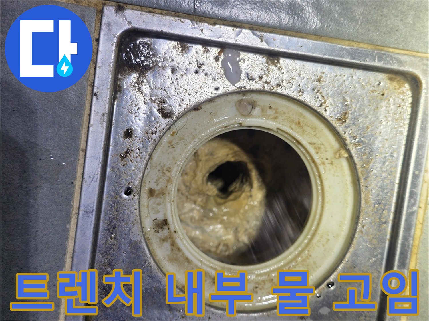 배수구 유가 내부-고여 있는 물과 배수 불량 상태