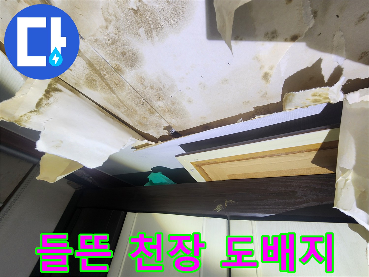 천장 마감재-곰팡이와 습기로 인해 변색되고 들뜬 상태