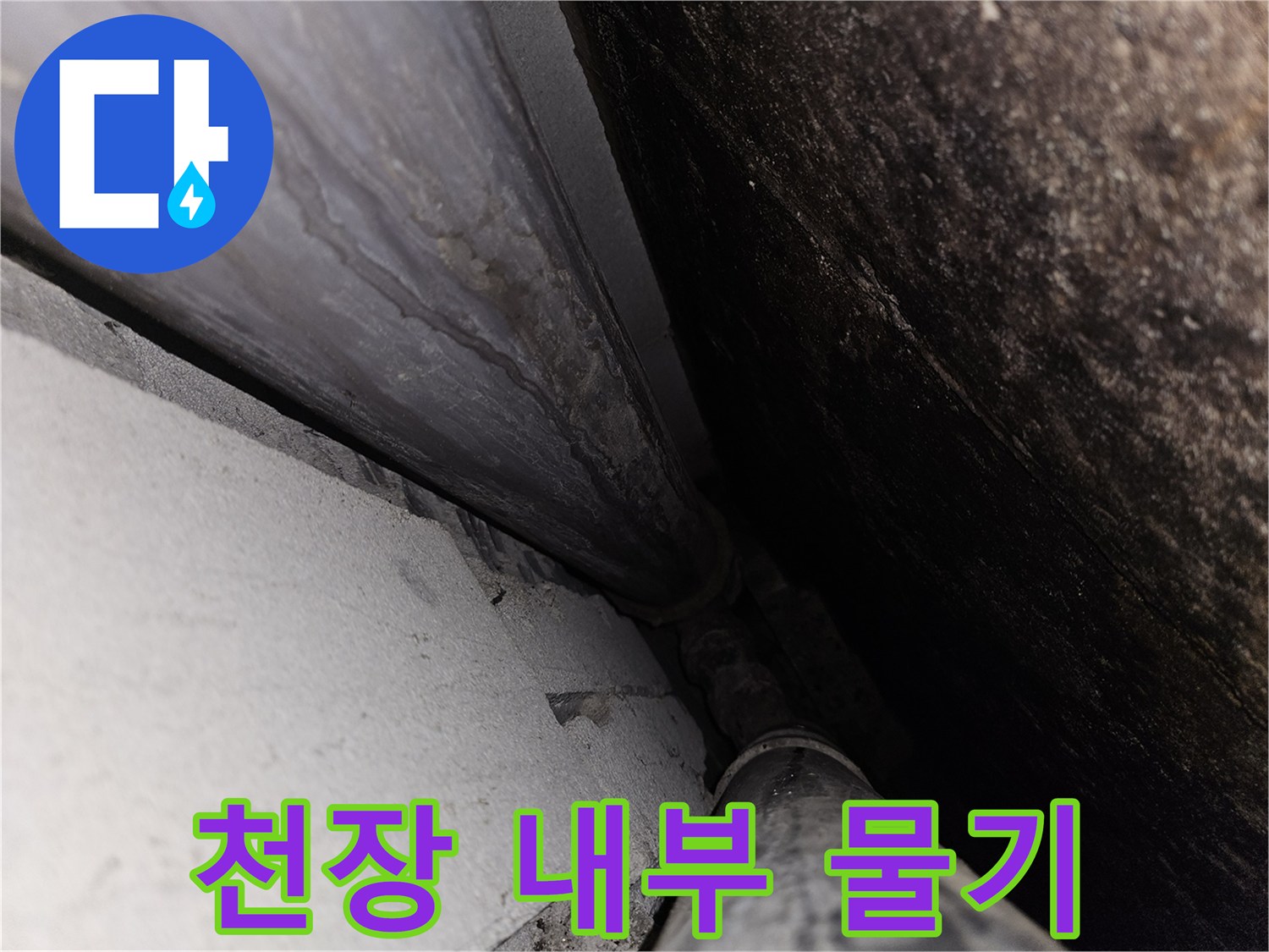 천장-안쪽-배관-주변의-물기가-스며든-모습