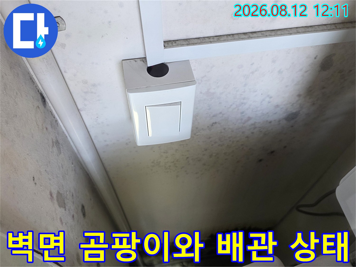 하얀색 배관 옆 벽면에 발생한 검은 곰팡이 자국과 습기 흔적을 촬영하였습니다.