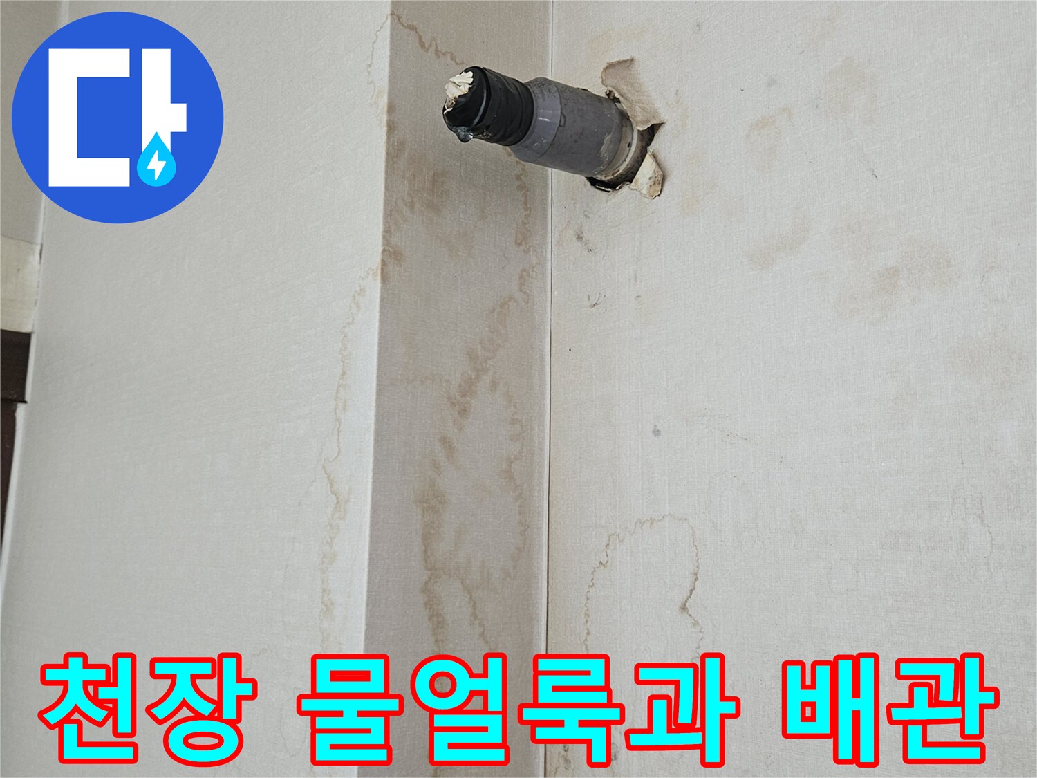 미추홀구 주안동-상가 천장에 발생한 누수 흔적과 노출된 배관 상태