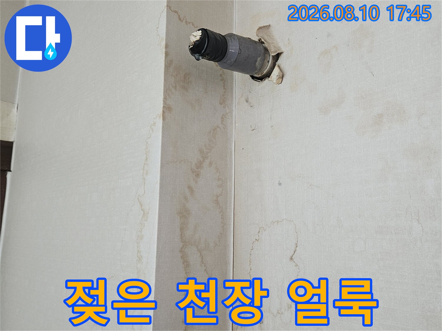 천장 마감재의 갈색 누수 흔적과 배관 부위