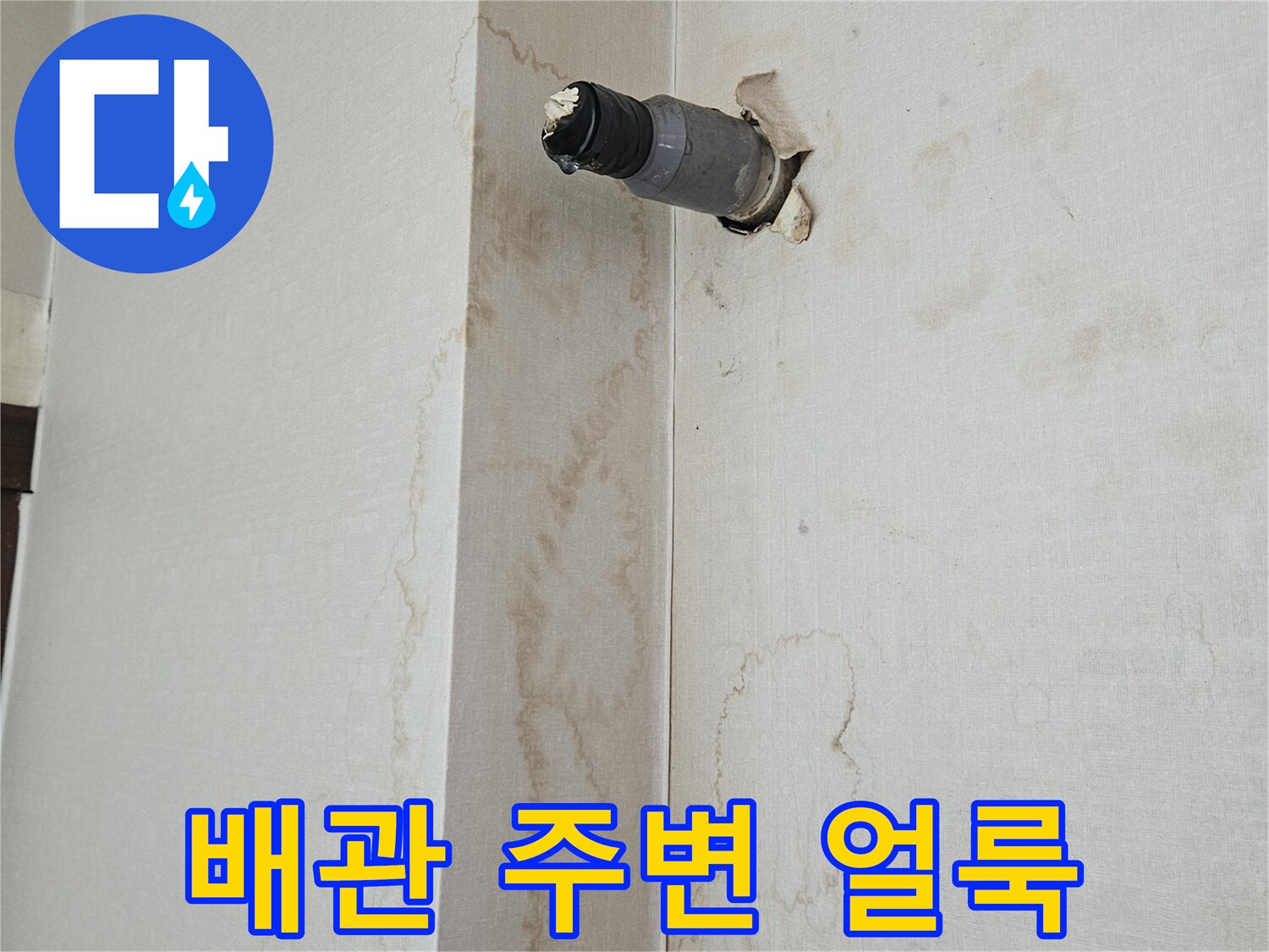 천장 배관 연결 부위 근처의 습기로 인한 변색 현상