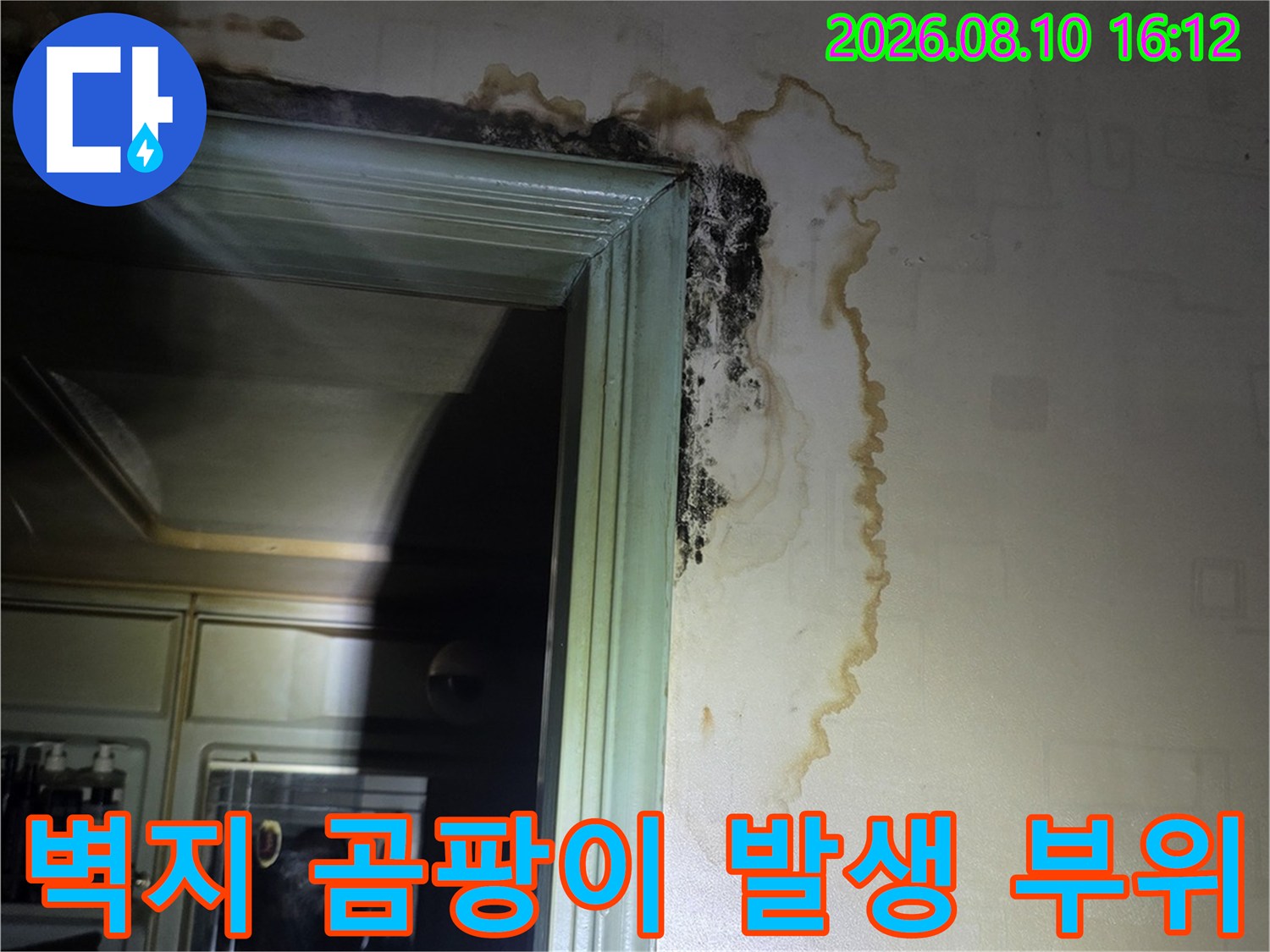 천장 벽면 누수 흔적-검은 곰팡이가 발생한 문틀 상부
