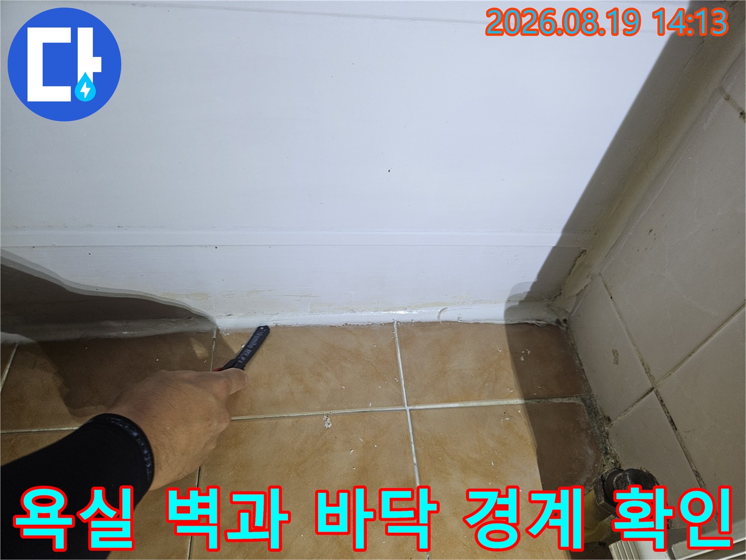 일산동구 현장-타일 틈새의 습기 침투 흔적을 관찰함