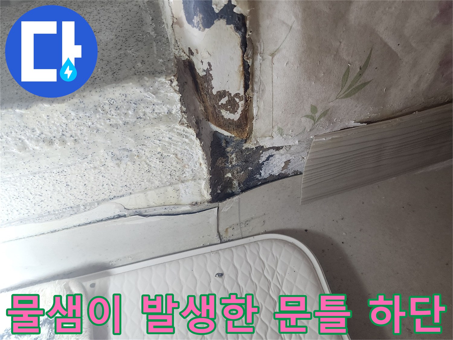 습기가 배어 나온 문틀 하부-벽지가 젖은 모습