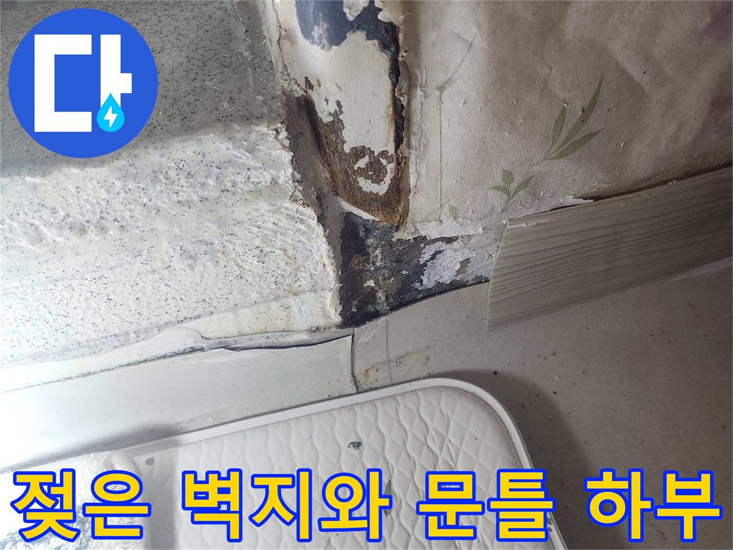 화장실 문틀 아래쪽-벽지가 젖어 부풀어 오른 상태