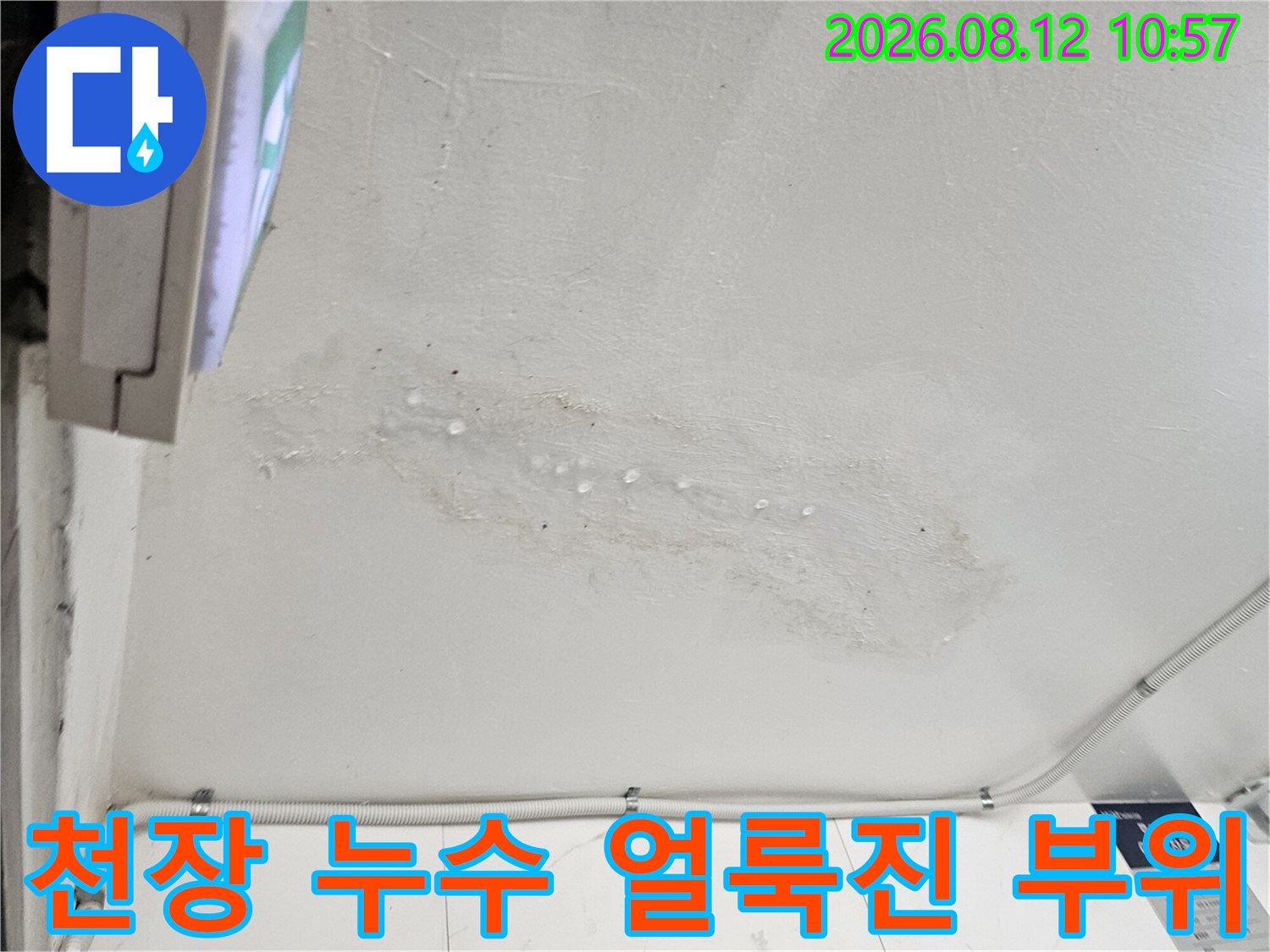 천장 면에 발생한 물샘 흔적과 습기 자국