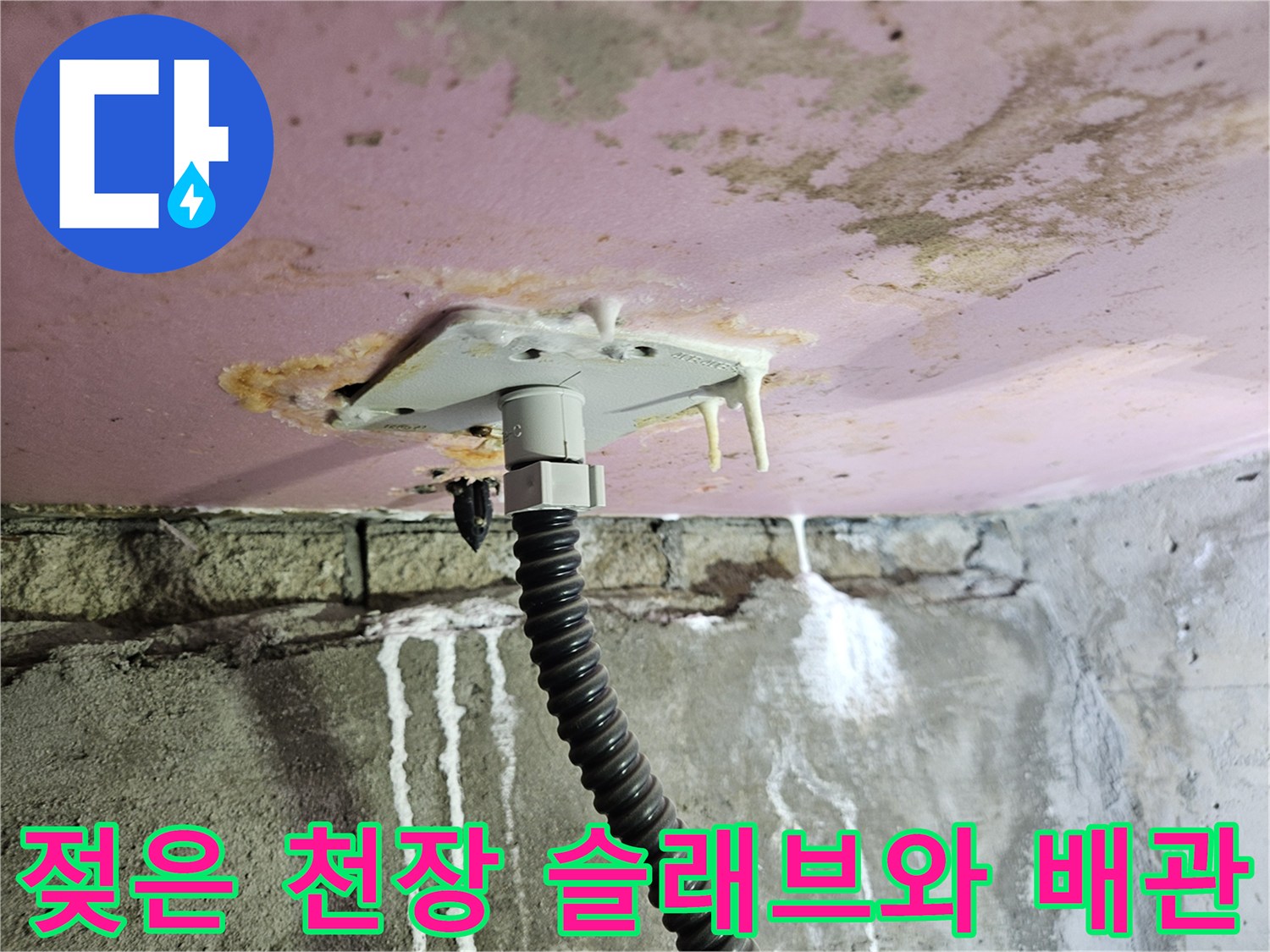 누수로 인해 하얗게 변한 배관 주변과 물에 젖은 콘크리트 벽면