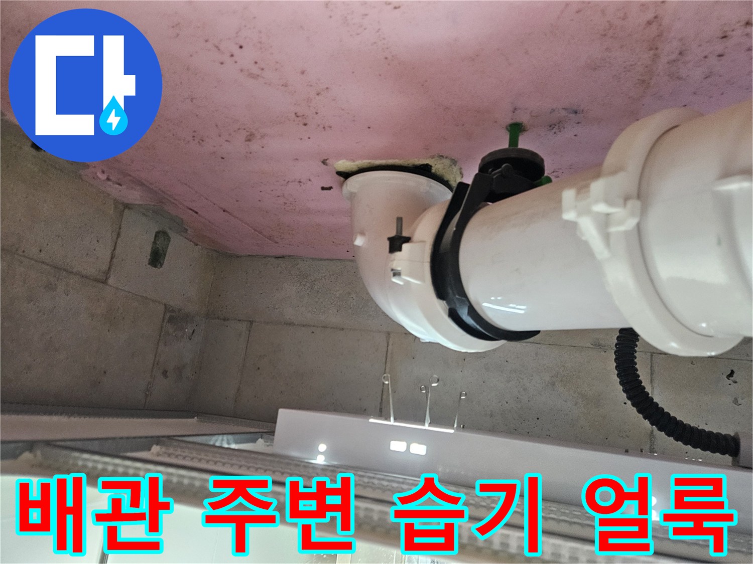 화장실 내부 천장-젖은 슬래브와 오염된 배관 연결 부위