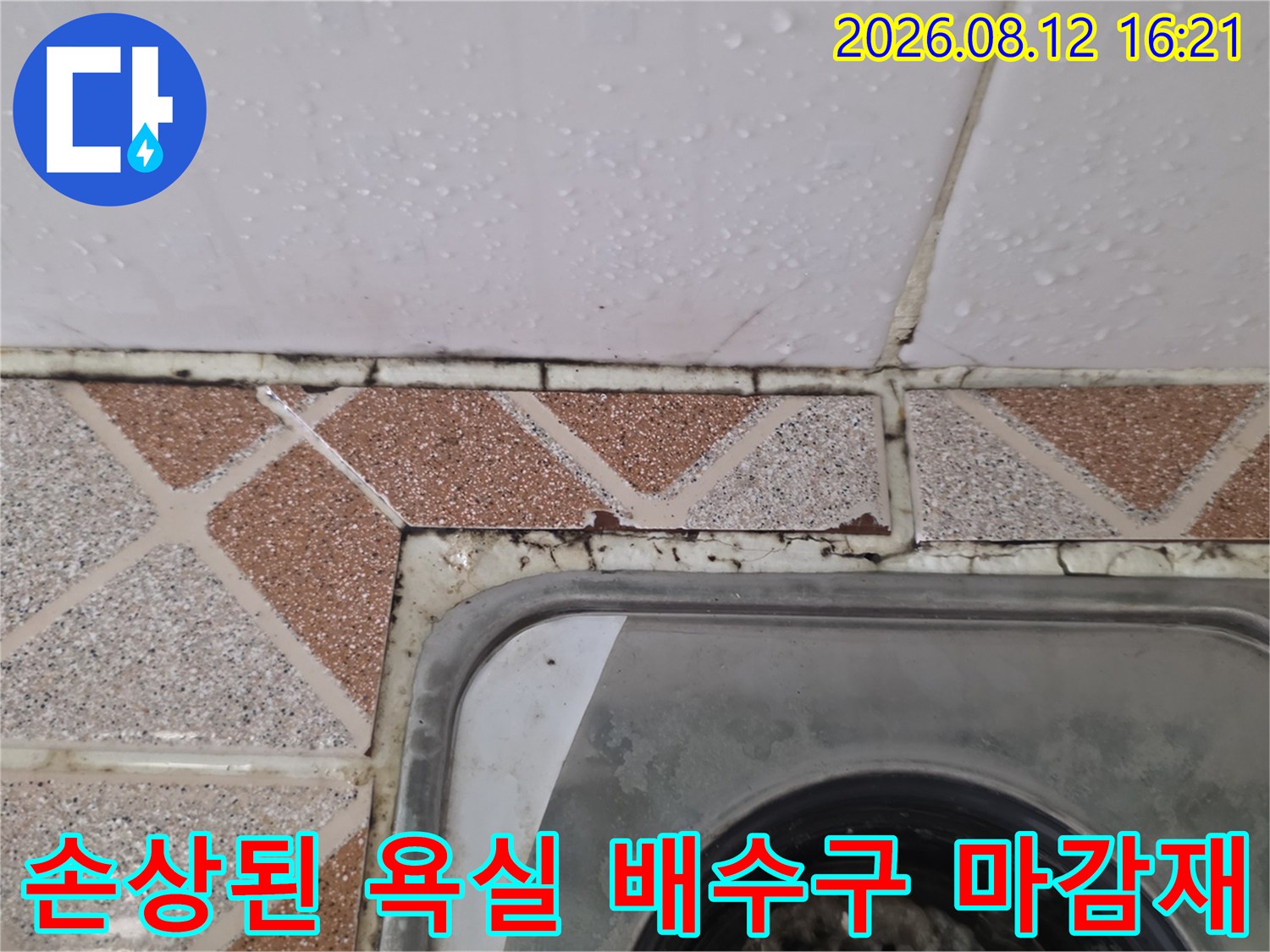 배수구-금속-덮개와-주변-타일-사이의-검은색-곰팡이와-균열-사진