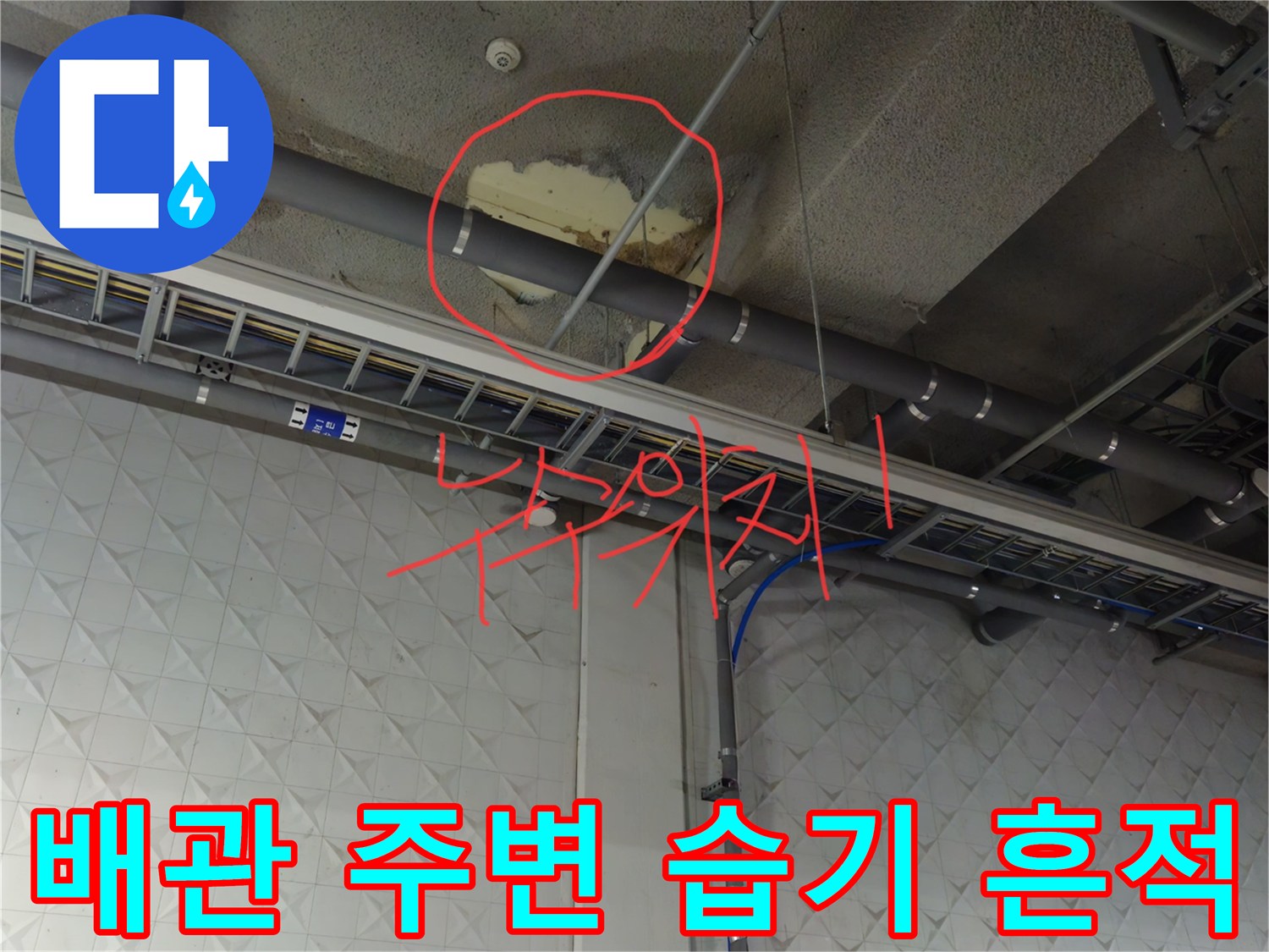 상가 천장 배관을 따라 발생한 습기와 얼룩 상태를 촬영하였습니다.