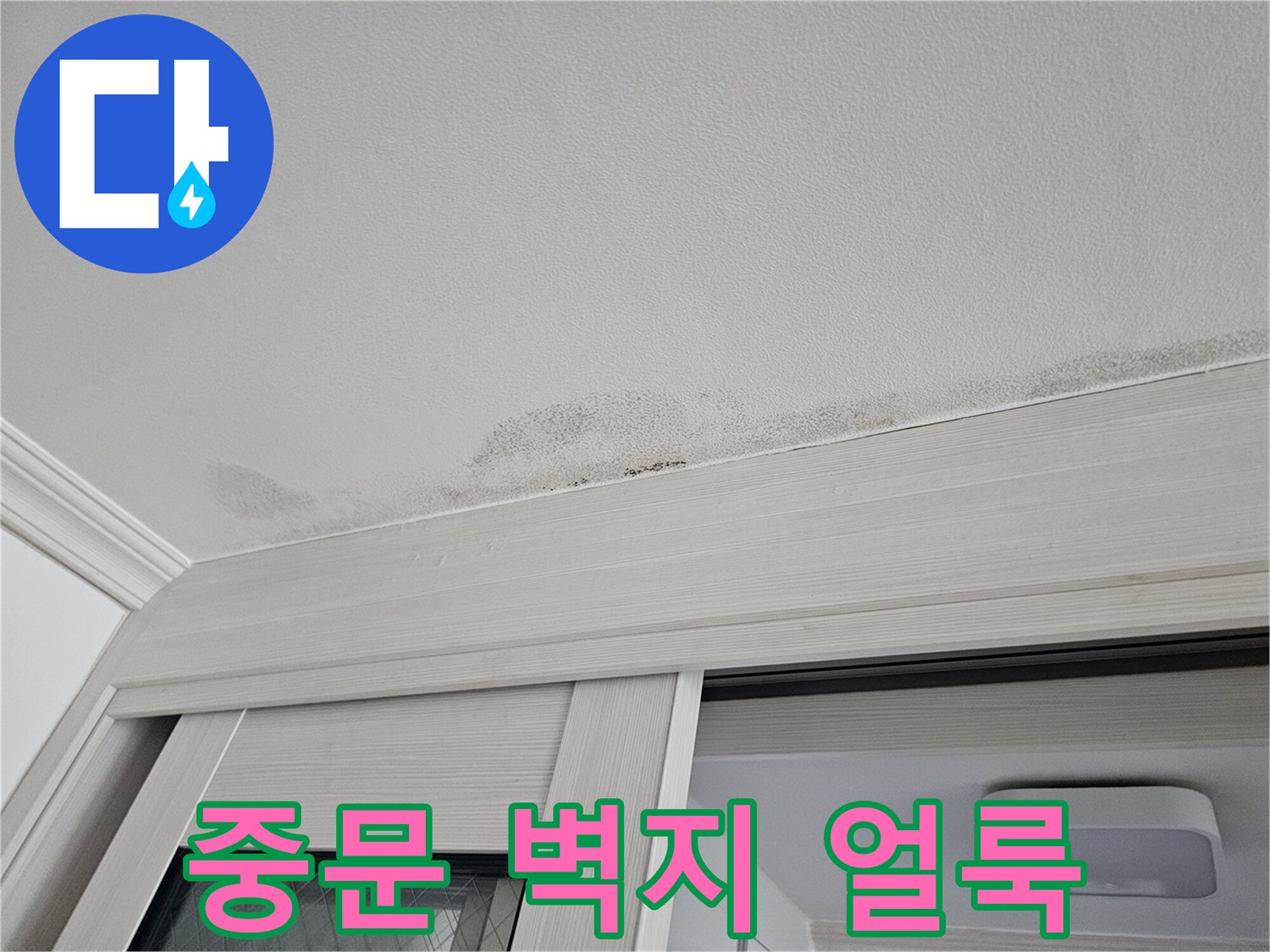 현관 천장 벽지에 발생한 어두운 색의 누수 흔적