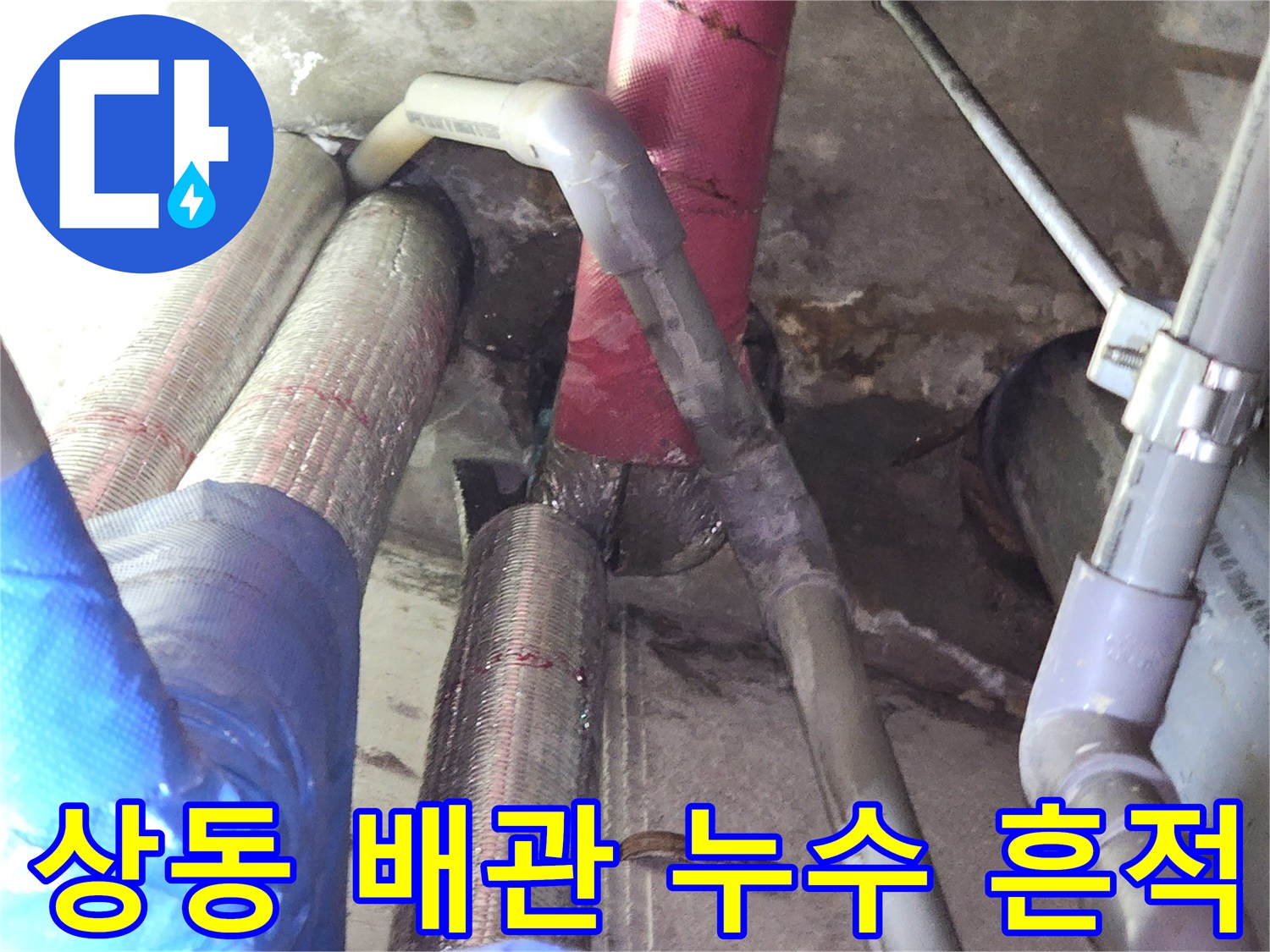 물에 젖은 듯한 천장 내부 배관 및 주변 마감재