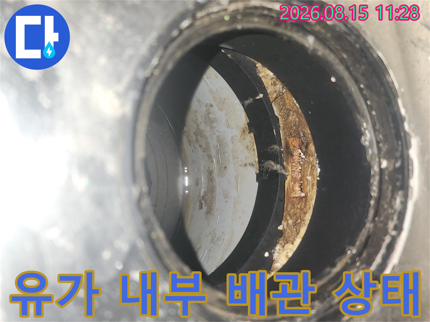 배수구 유가 내부의 이물질과 부식된 듯한 배관 연결부 모습