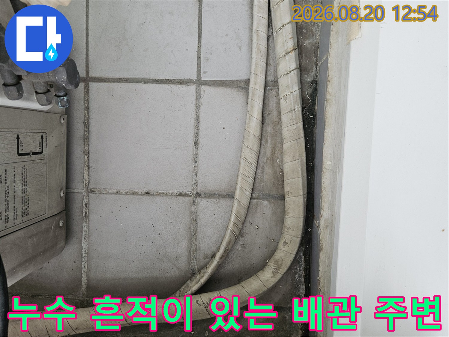 물기가 스며들어 변색된 베상 타일과 우수관 배관