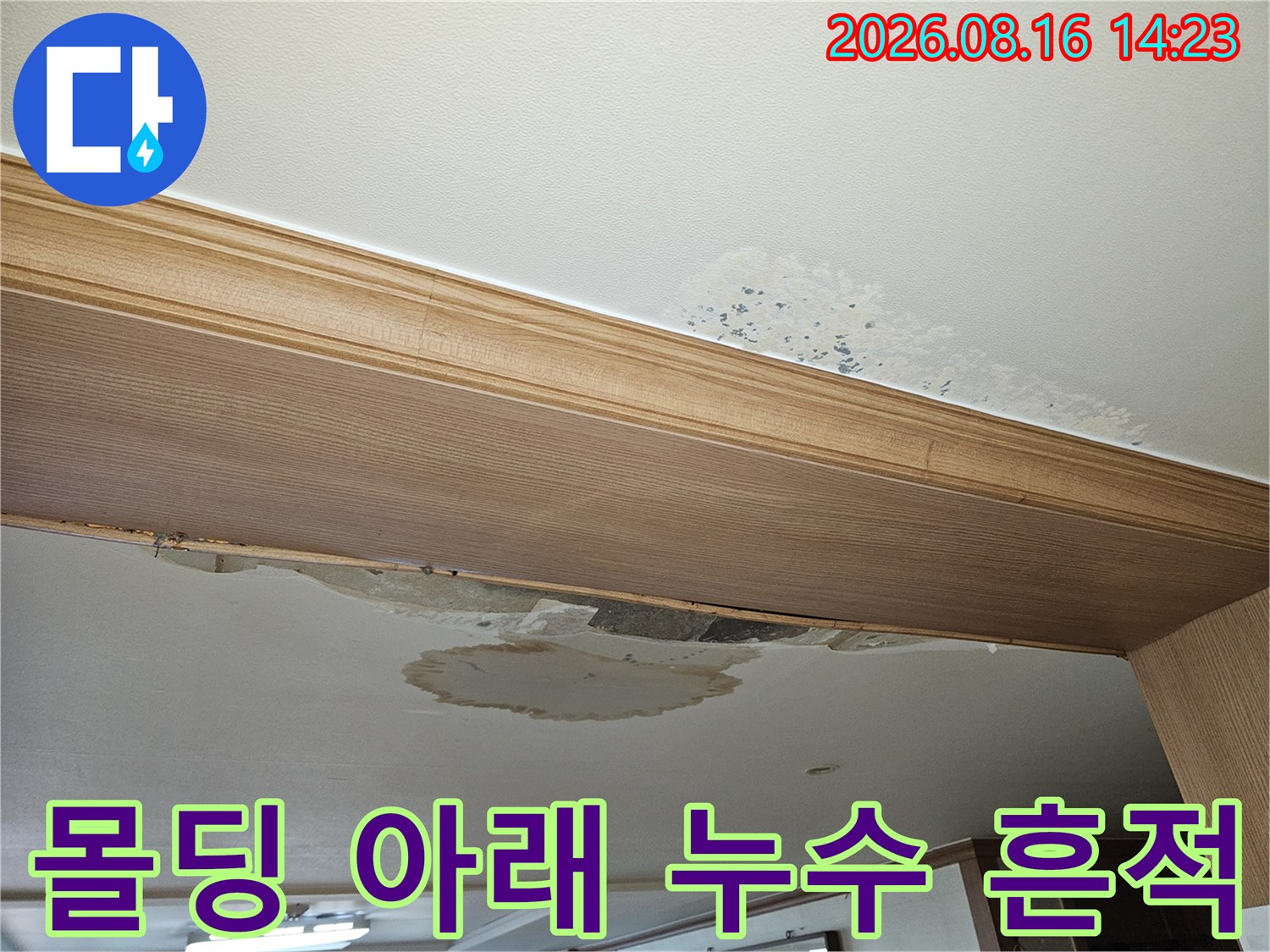 나무 몰딩과 천장 접합부의 젖은 물자국 현상