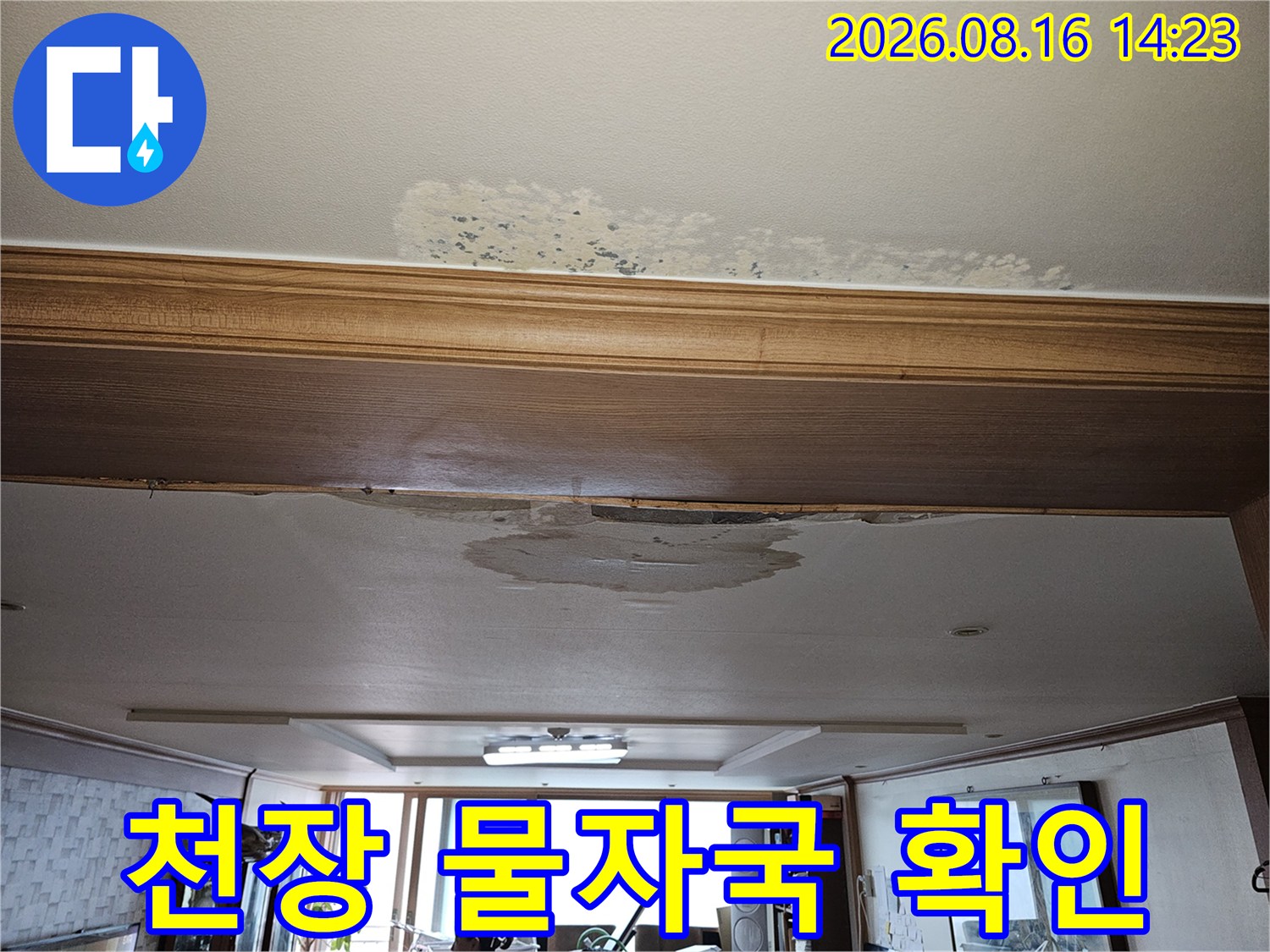 천장 마감재에 발생한 누수로 인한 넓은 얼룩 부위