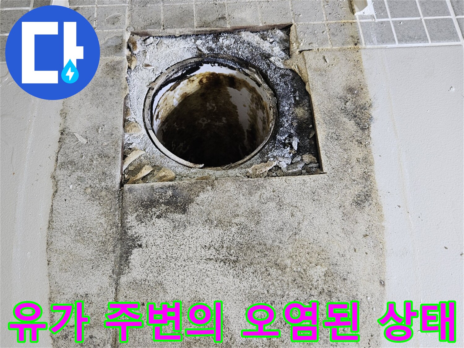 배수구 유가 주변의 심한 물때와 곰팡이