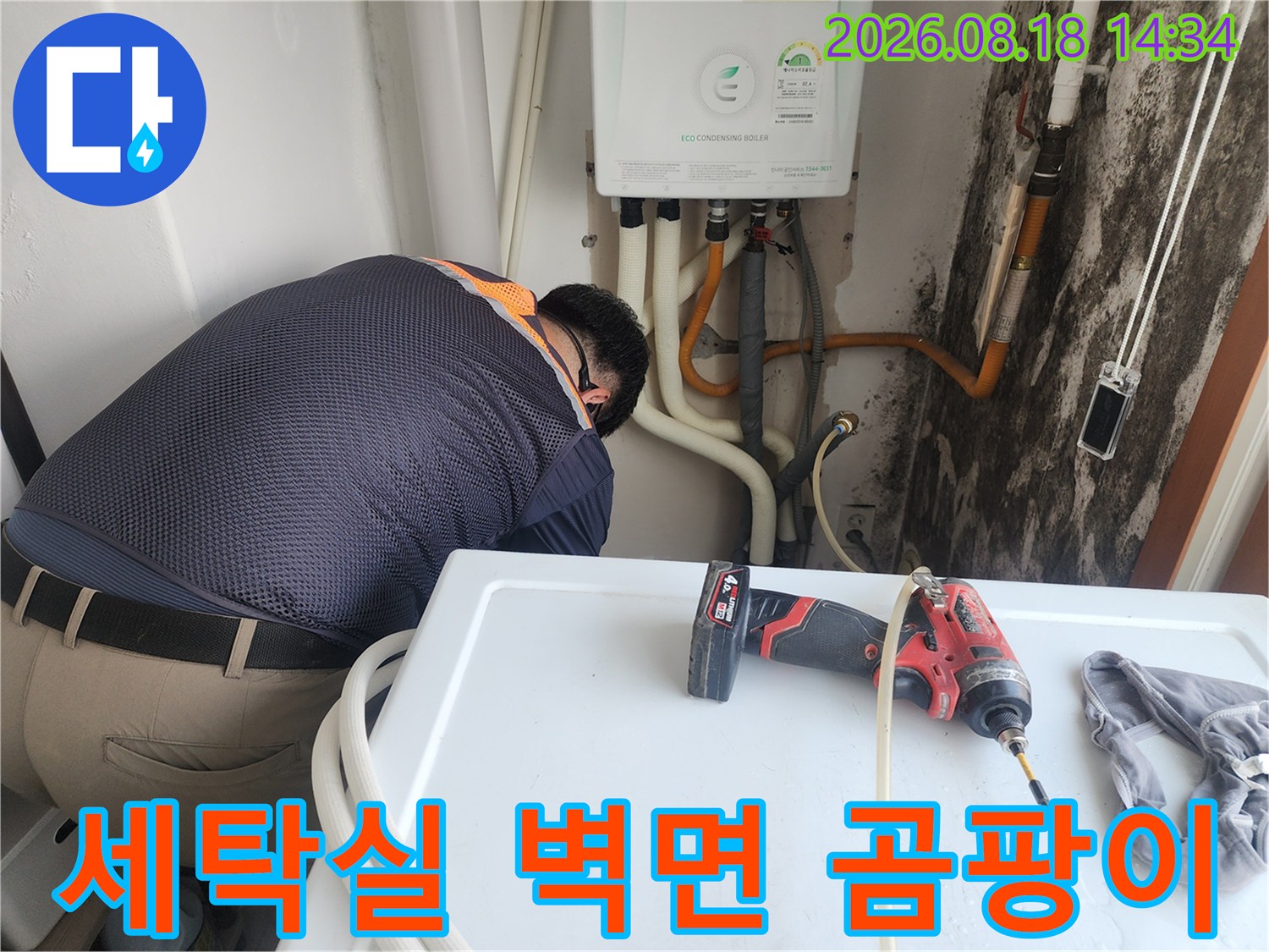 습기로 인해 곰팡이가 발생한 세탁실 벽면과 보일러 배관의 모습