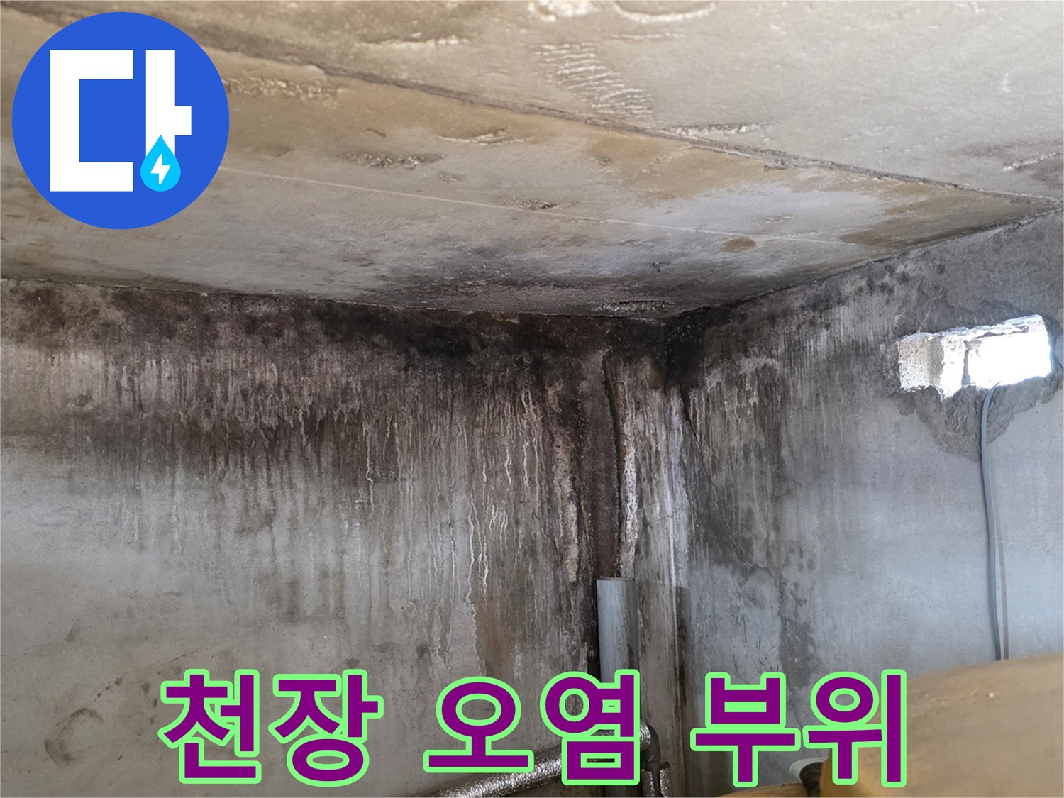 누수 피해 벽면-습기와 곰팡이가 번진 천장 경계