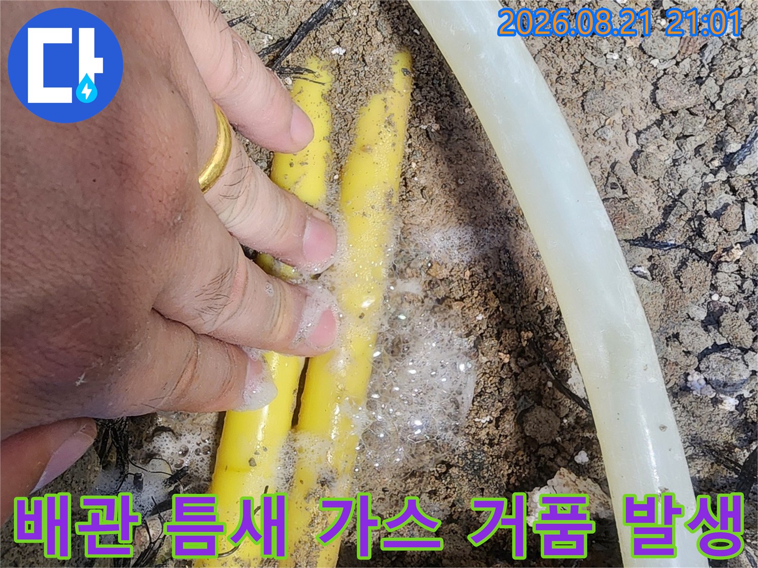 매립된 노란색 배관 주변에 하얗게 올라온 누수 반응 거품