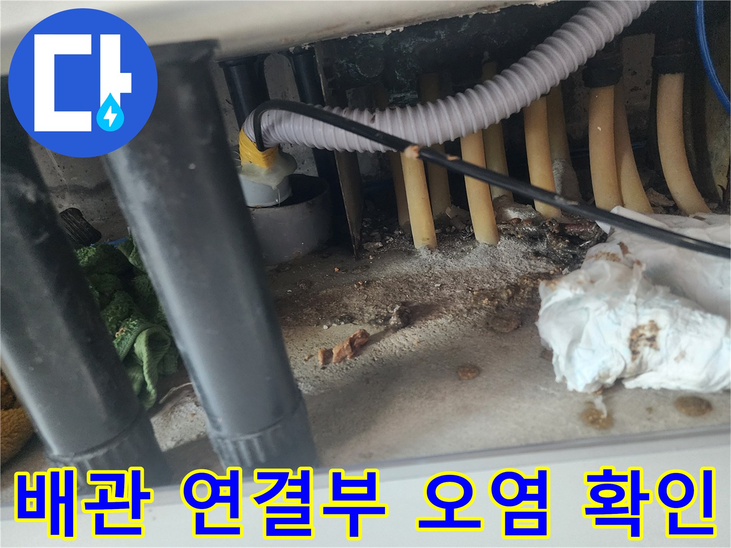 싱크대 하단 배관 틈새-역류로 인한 슬러지 퇴적 상태