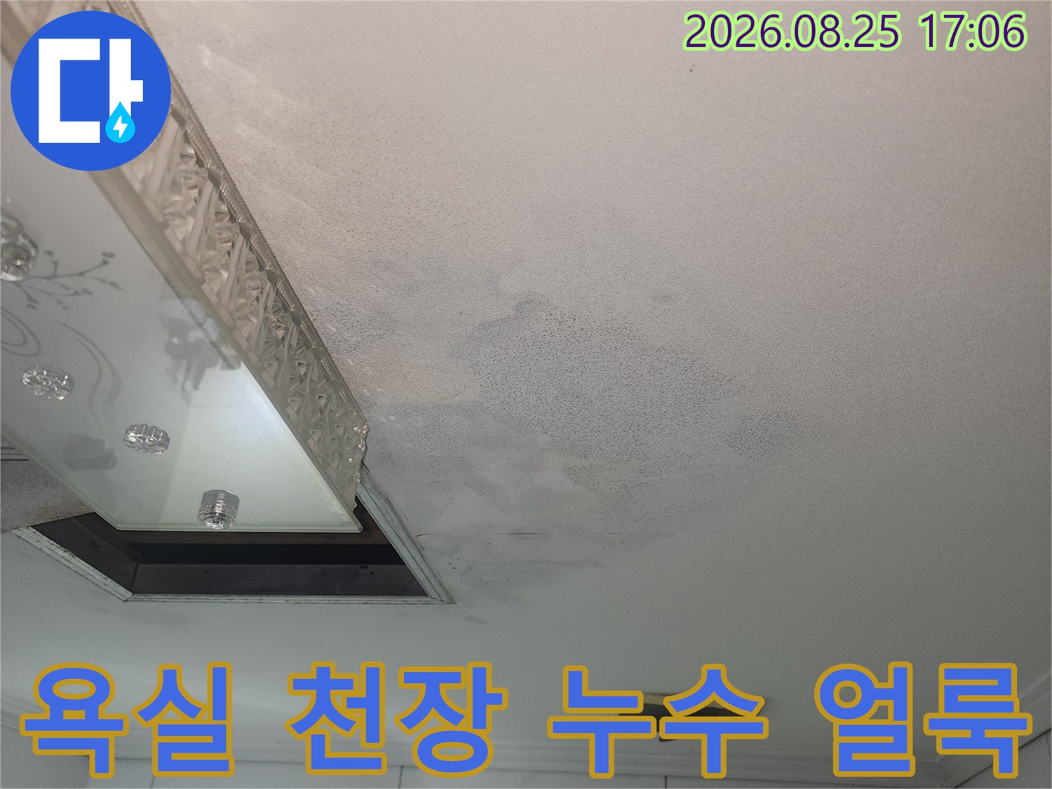 물샘 현상으로 인해 어둡게 변한 화장실 천장 마감재의 누수 흔적