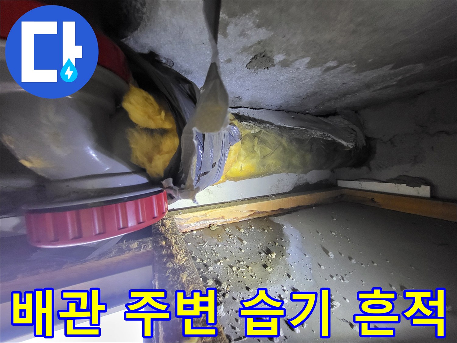 화장실-천장-배관-주변의-젖은-흔적과-보온재-상태