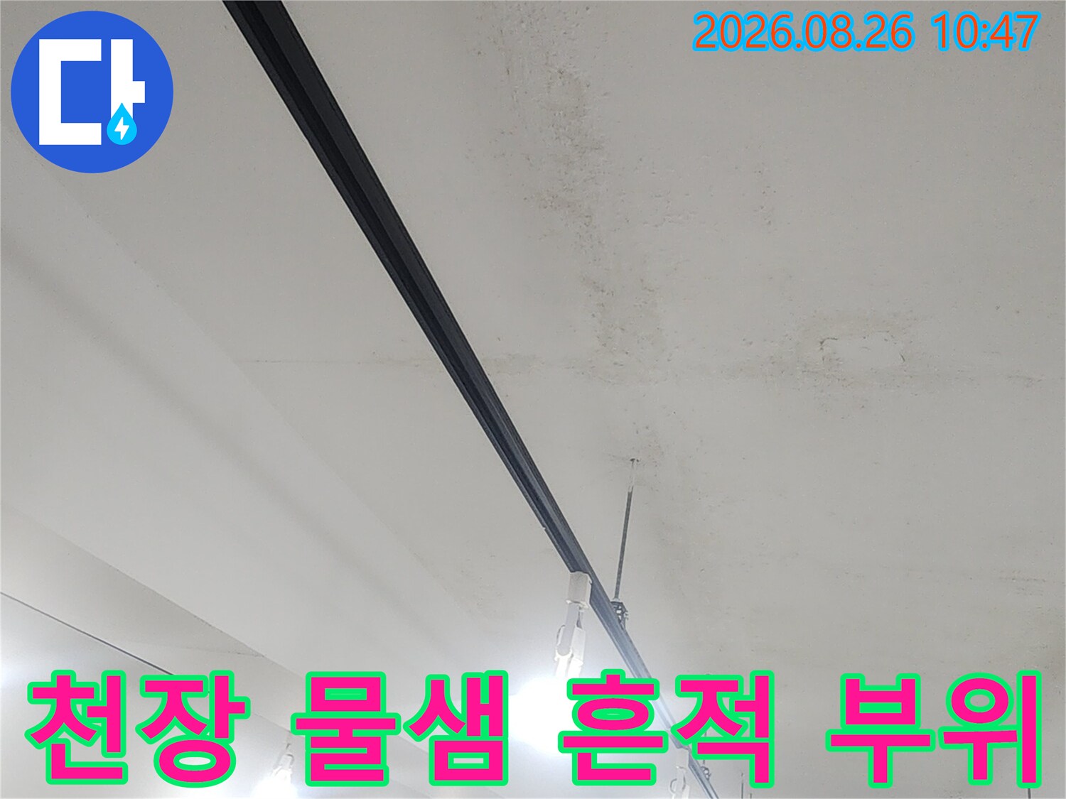 상가 천장의 넓게 퍼진 습기 및 얼룩 현황